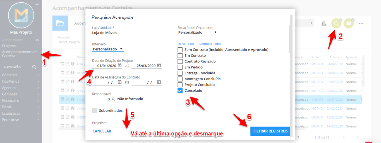 perda de negocios - acompanhamento de carteira - tela do foccolojas com as informações de acompanhamento de carteira