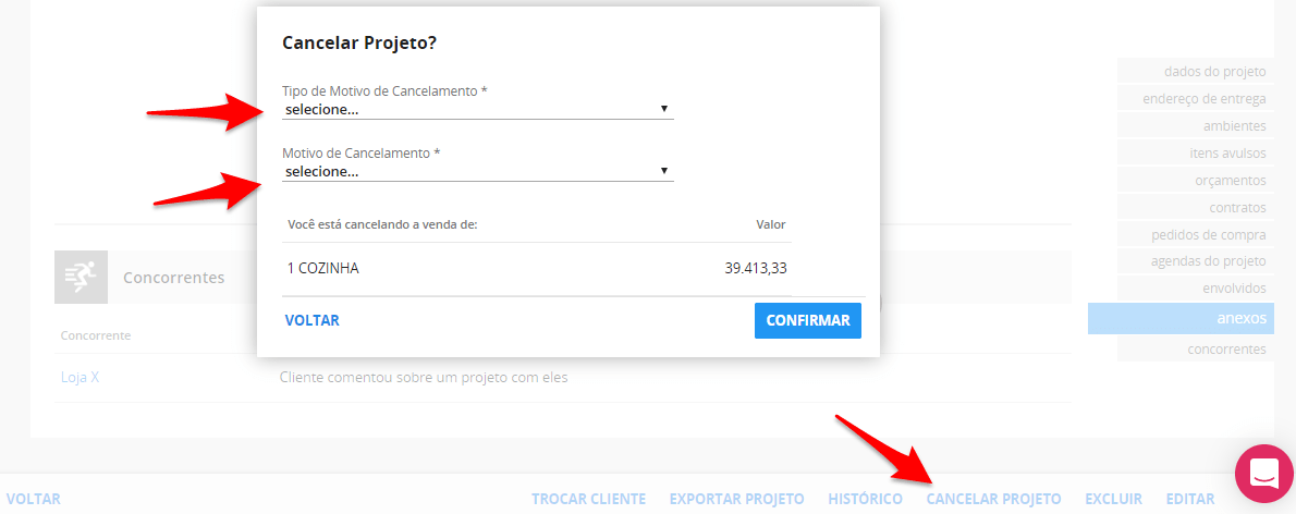 perda de negocios - cancelamento de projeto - tela do foccolojas apresentando o cancelamento de projeto