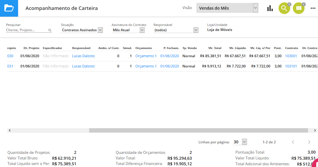 visão 2 da carteira de clientes no FoccoLOJAS