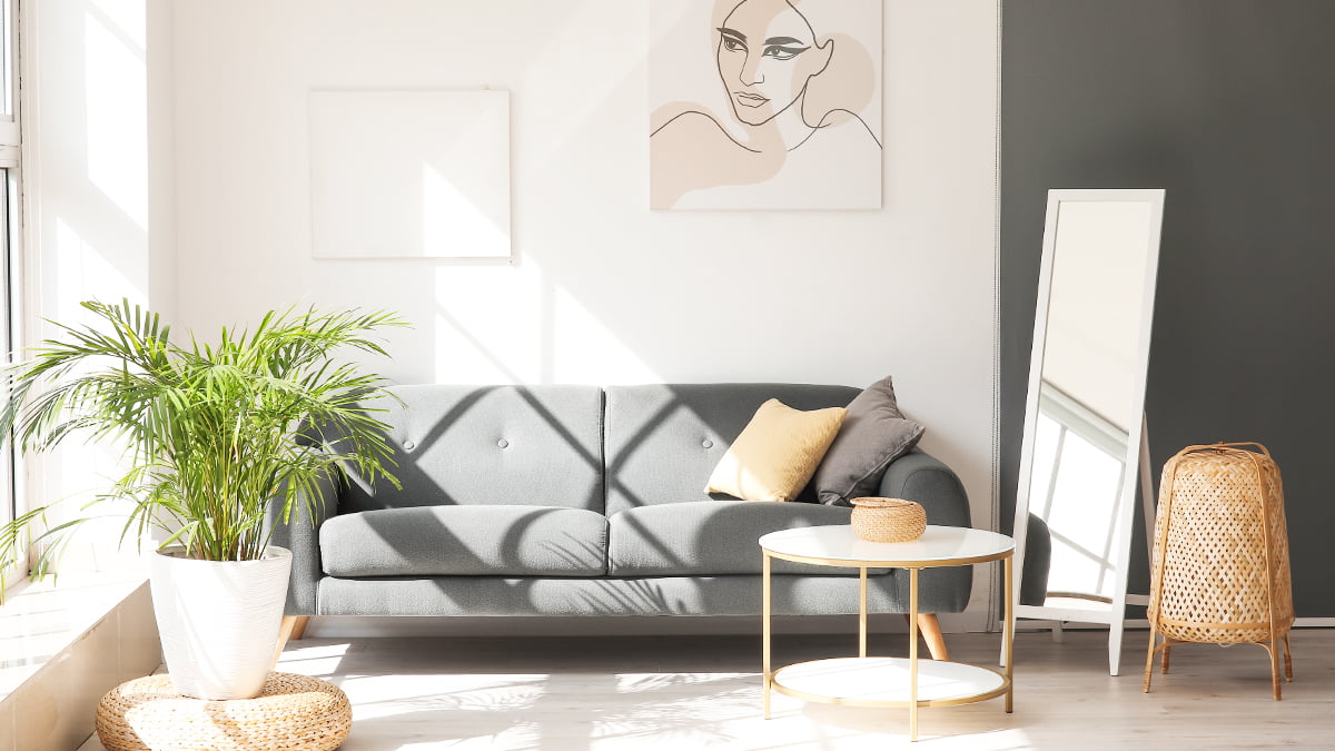 perfis de decoração no instagram - imagem de uma sala decorada com sofá, mesinha, plantas, espelho e outros e móveis